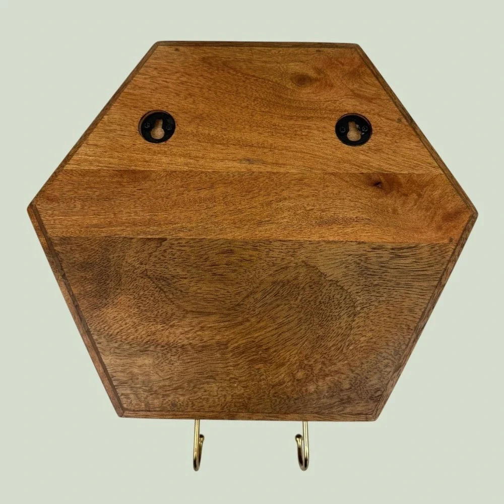 Hexagon Wood Wall Shelf with Mirror and Brass Hooks Geometric Entryway Decor
